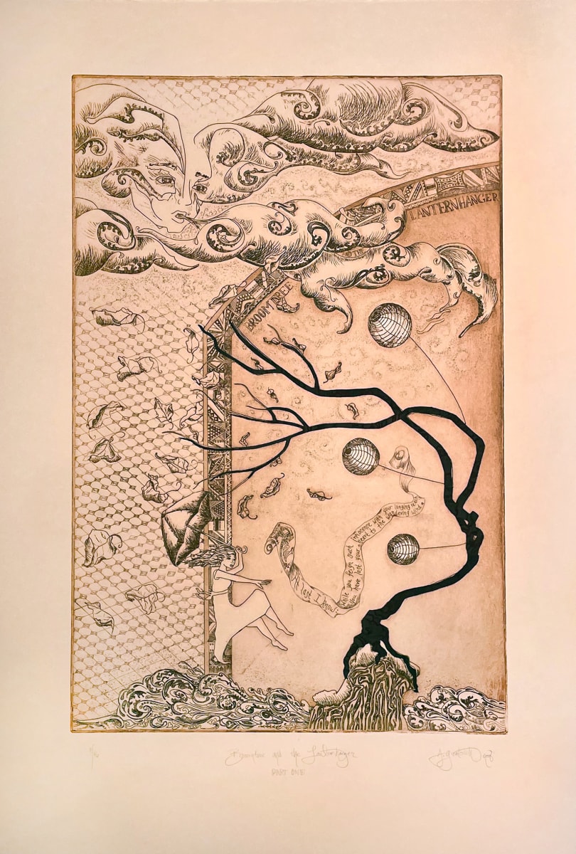 Broomtree and the Lantern Hanger (Diptych) by Anna Gratovich  Image: Anna Gratovitch, "Broomtree and the Lantern Hanger Part I", 2009, Etching with chine-collé, 23 x 16 in.