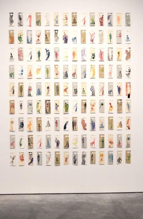 First Impressions (Installation IV) by Eliza Lutz  Image: Eliza Lutz, First Impressions (Installation IV), 2023, monoprints with embossment and embroidery, 129.5 x 64 in.
