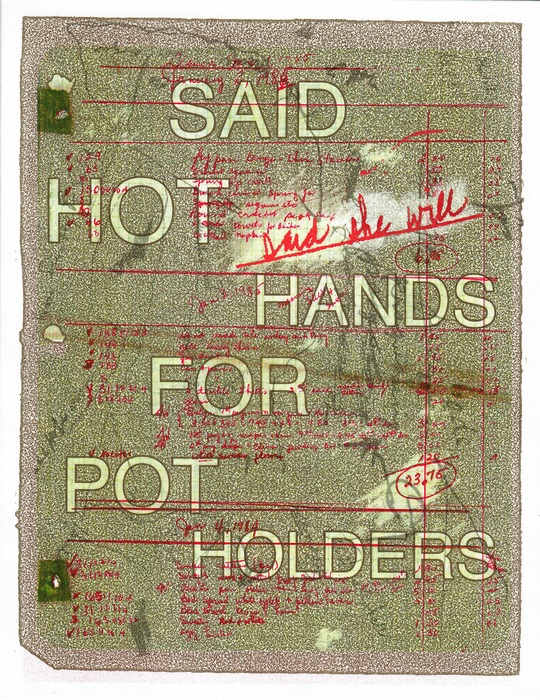 Shop Accounting by Hester Stinnett  Image: Hester Stinnett, Shop Accounting, 2024, monoprint using screen printing, risograph, and erasure, 11 x 8.5 in
