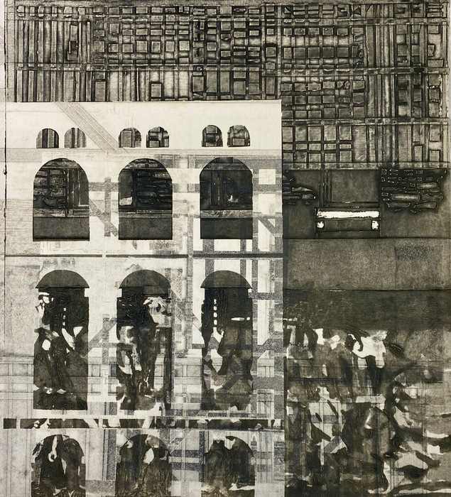 Excavation No. 6 by Janis Sweeney  Image: Janis Sweeney, Excavation No. 6, 2023, collagraph, 18 x 16 x 0.16 in
