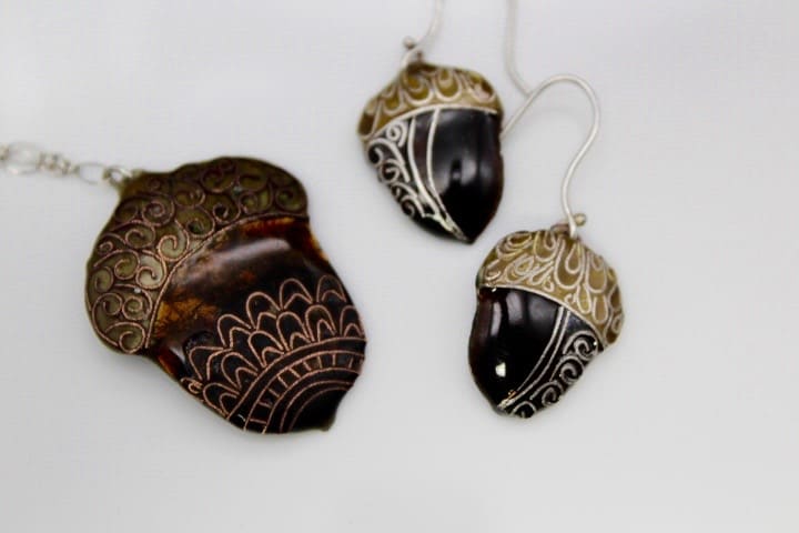Cloisonné Acorn Earrings and Necklace by Jena Randall 