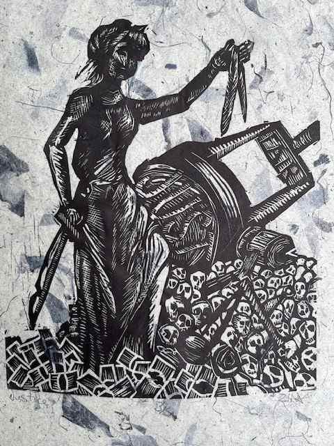 Justice by Zhna Sharp  Image: Zhna Sharp, "Justice", 2025, linocut on paper, 10 x 8 in. 