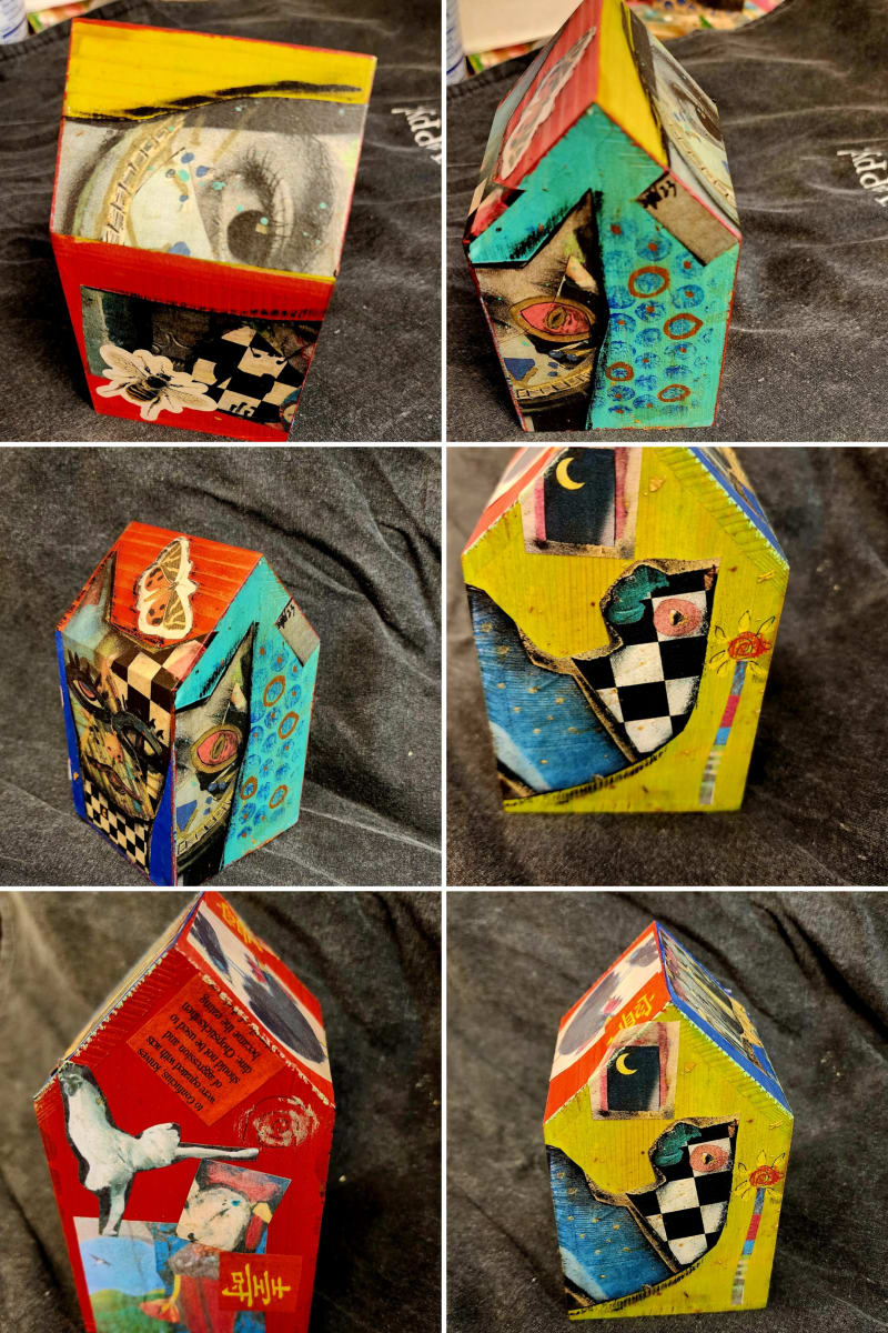 Cat House/Hen House 3D Collage on Wood by Rebecca Hawkins Valadez 