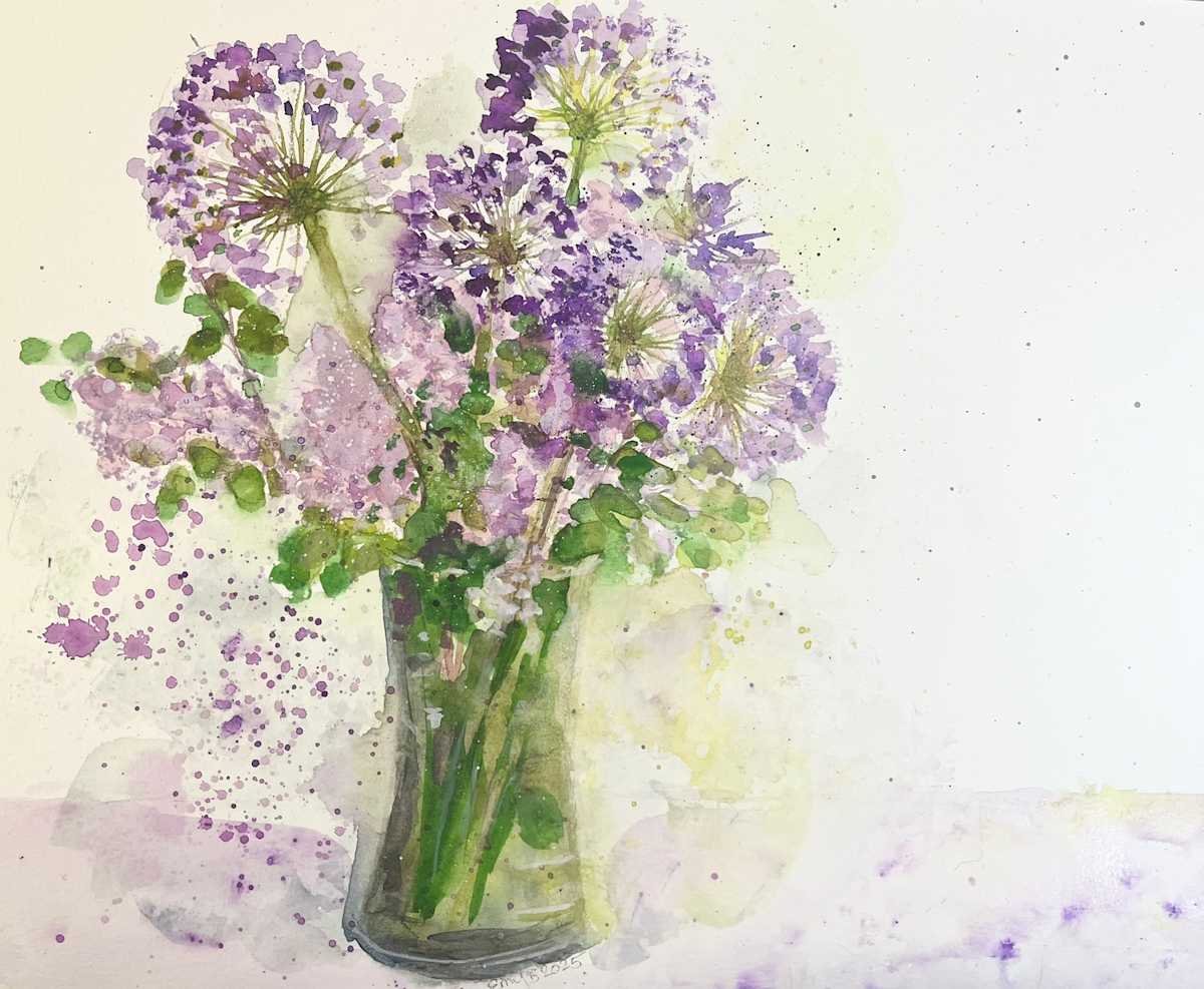 Allium and Lilac (Still Life Watercolor) by Eileen Backman, Image 1.
