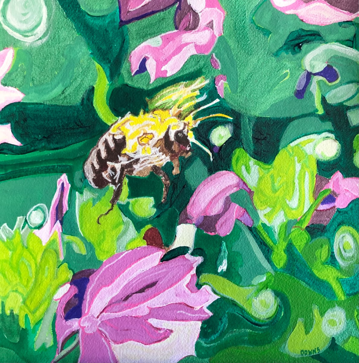 Bee in Pink Flowers by Jamie Downs 