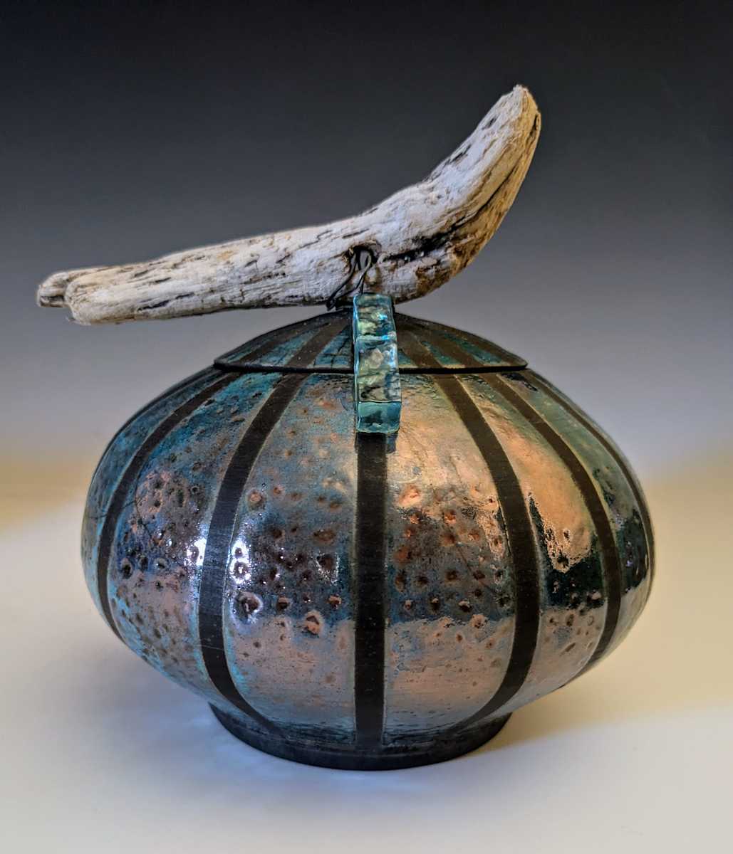 Turquoise Striped Raku Jar by Nancy Jakubowski 