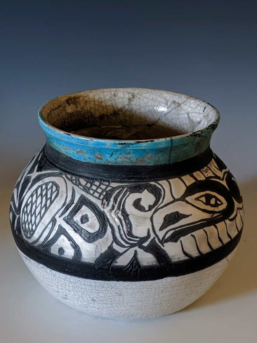 Raku Formline Inspired Blue Pot by Nancy Jakubowski 