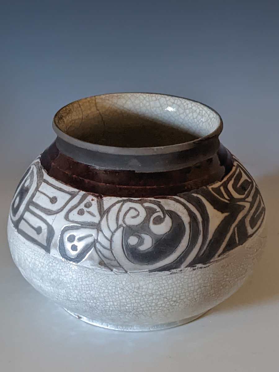 Raku Formline Inspired Red Pot 2 by Nancy Jakubowski 