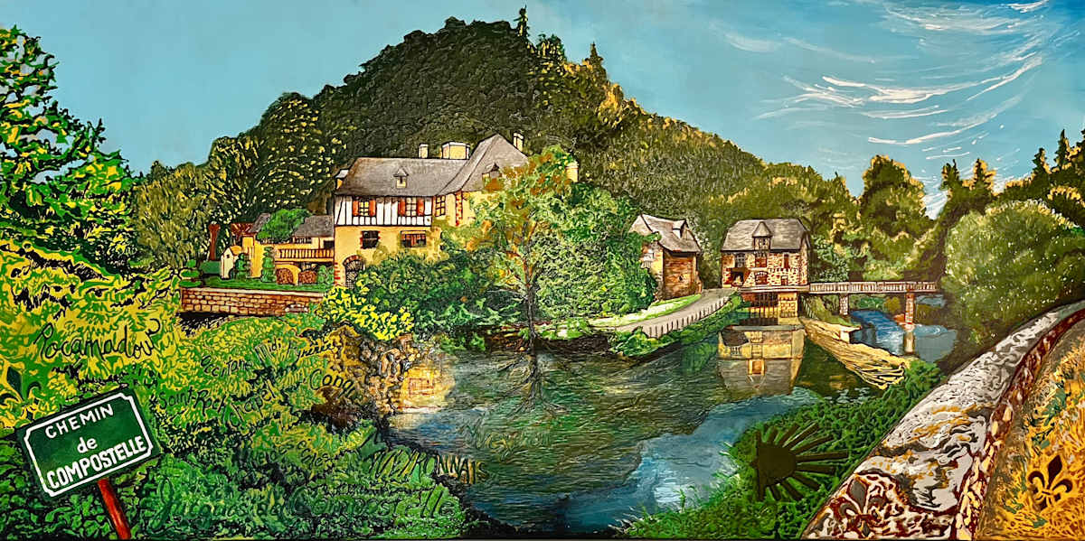 Conques-en-Rouergue by Joanne Berger  Image: This artwork vividly captures a serene countryside scene dominated by a stream winding through the composition, reflecting the surrounding greenery.