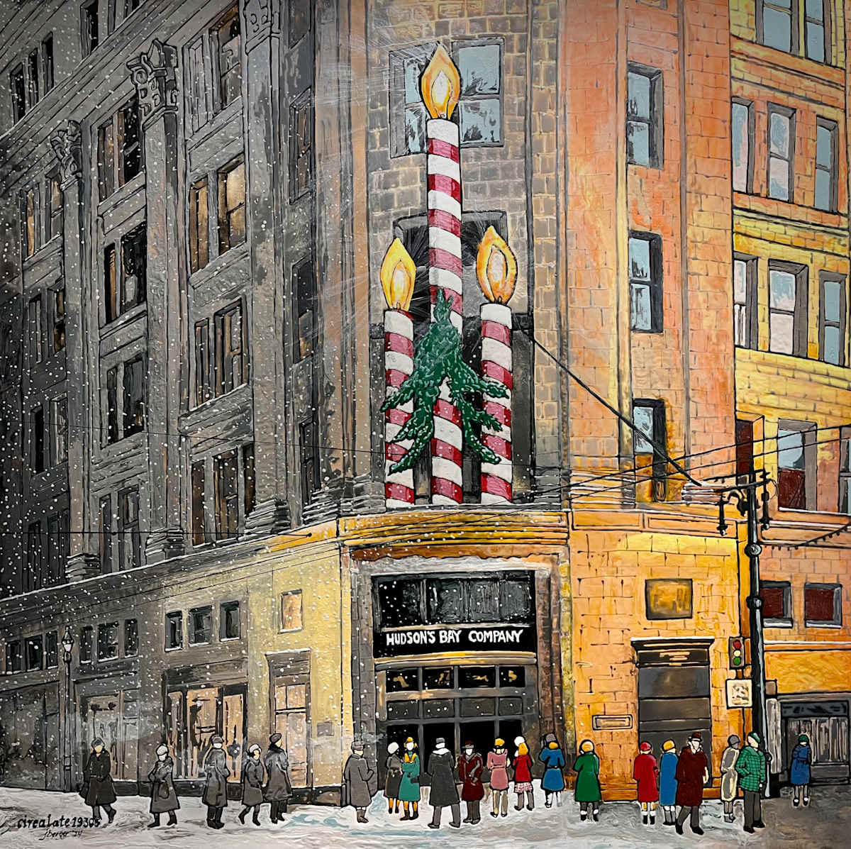 Hudson's Bay 1930's by Joanne Berger  Image: This piece captures the essence of a festive winter day in Winnipeg downtown. Hustle and bustle of shoppers waiting at the door.