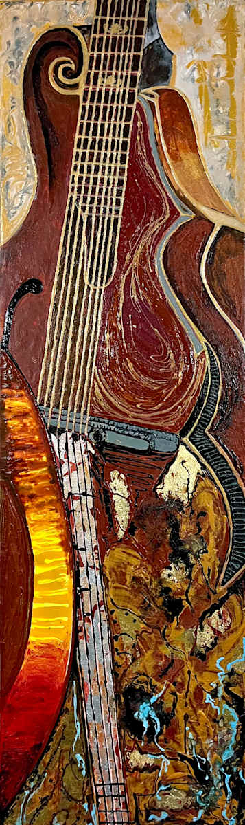 Guitar Melodie by Joanne Berger  Image: This 12 x 39 inch acrylic canvas captures warm tones of brown, bronze, and beige, with the subtle lines of a guitar adding a touch of rhythm and elegance.
