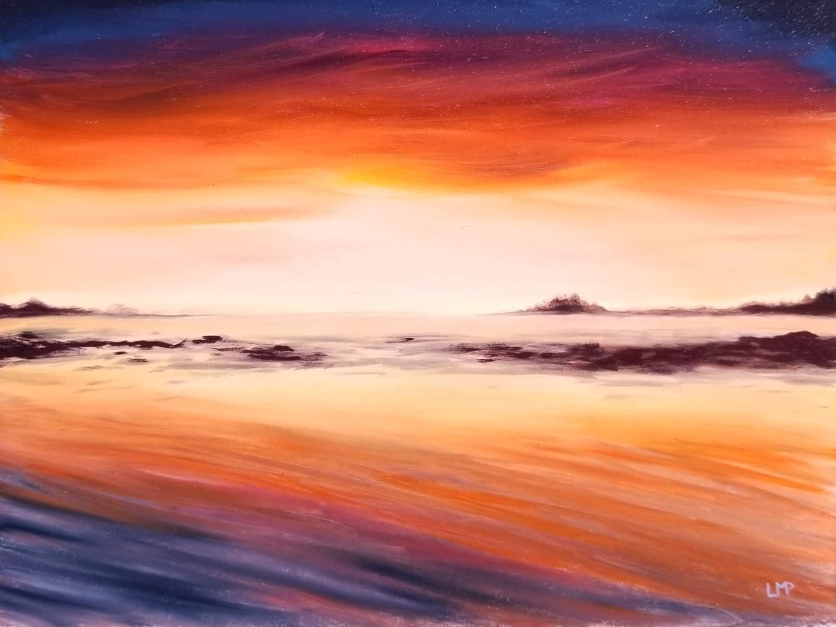 Sunset in Blue and Vermilion AVAILABLE by Linda Merchant Pearce 