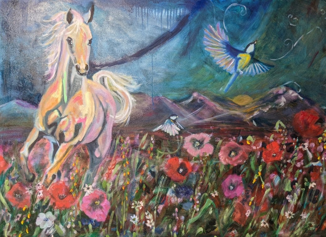 Finding Freedom  Image: Painting of horse, birds and flowers