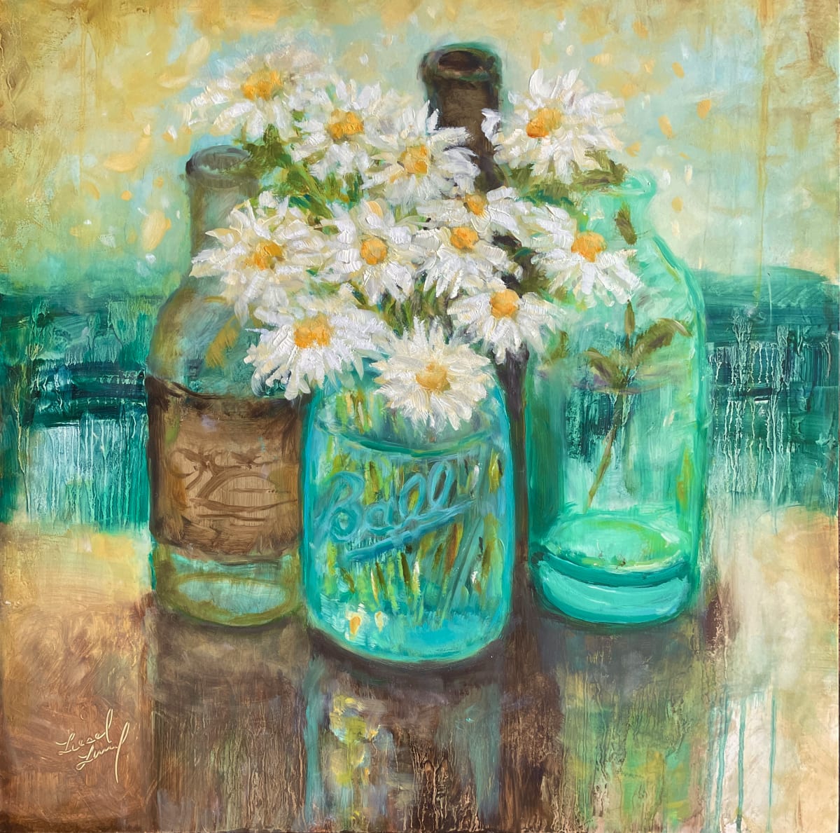 Daisies with Vintage Bottles by Liesel Lund 
