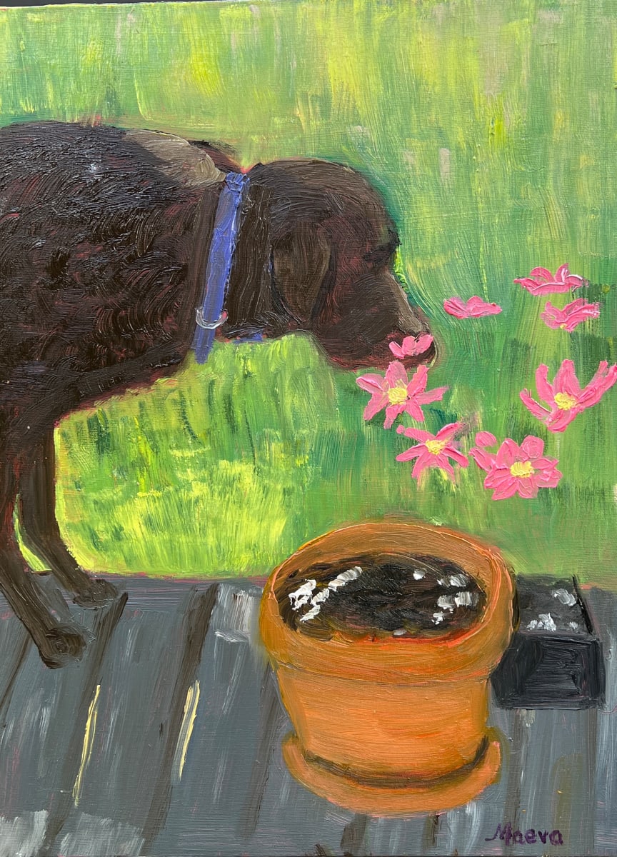 Mishka  Sniffing the Flowers by Maeva Lightheart 