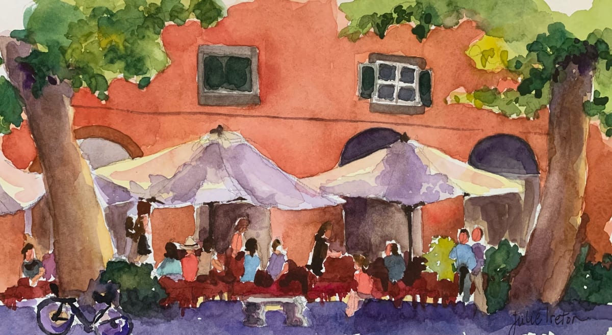 Napoleon Square, Tuscany by Julie Ireton  Image: Crowded outdoor cafe… I painted other vistas while seated on a stone bench in the square, but this was undoubtedly my favourite.