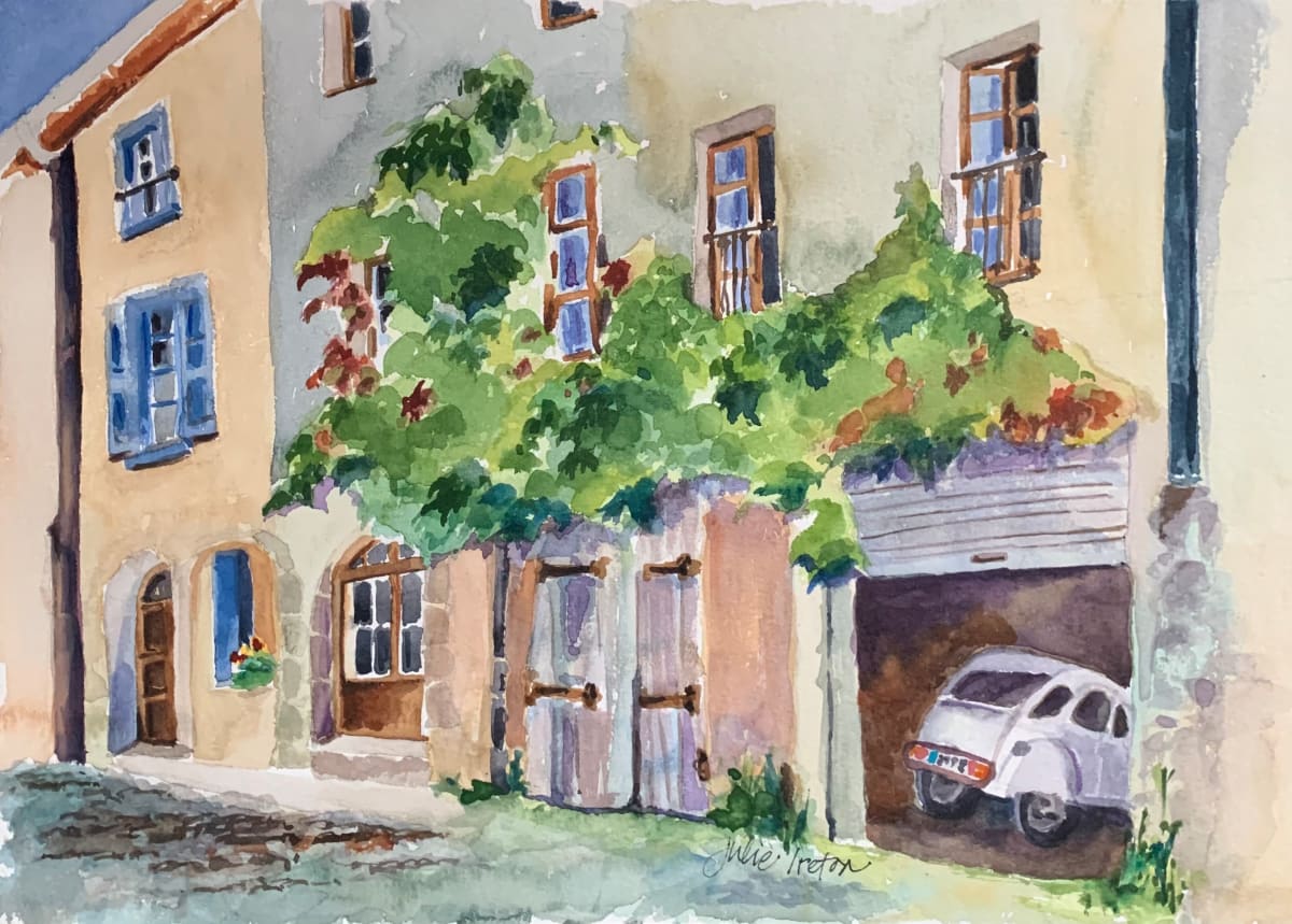 Citroen in the Garage by Julie Ireton  Image: Easily recognizable, this small French car served as the inspiration for this streetscape that demarcated one side of the village square.