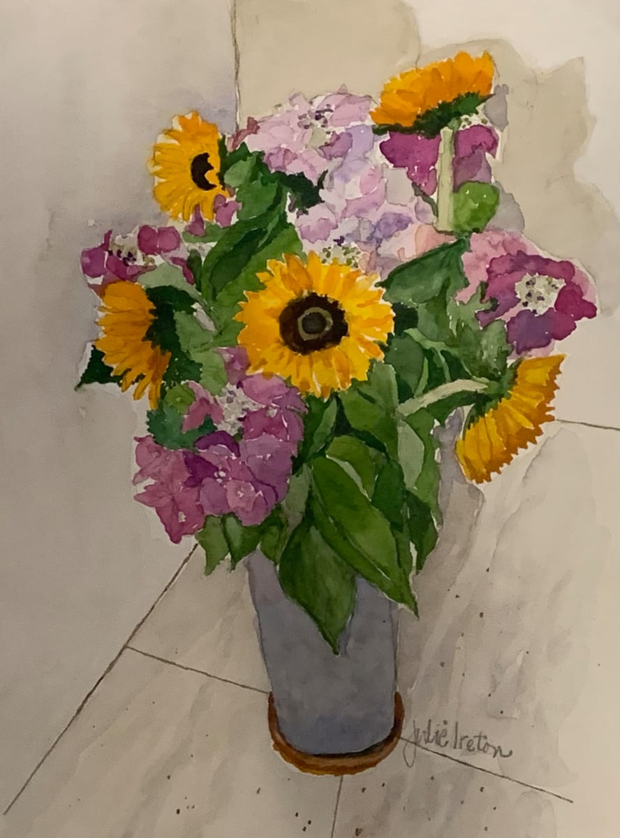 Flowers for Lynn by Julie Ireton  Image: An explosion of colour resting in a galvanized bucket sitting on a travertine tile floor.