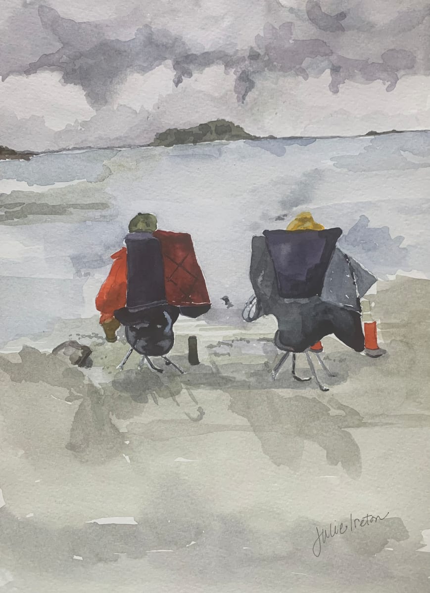 A Morning in May on Middle Beach by Julie Ireton  Image: A solitary couple immersed in their reading material, hot beverages close at hand…all the while a counterpoint to the vast expanse of sand and ocean.