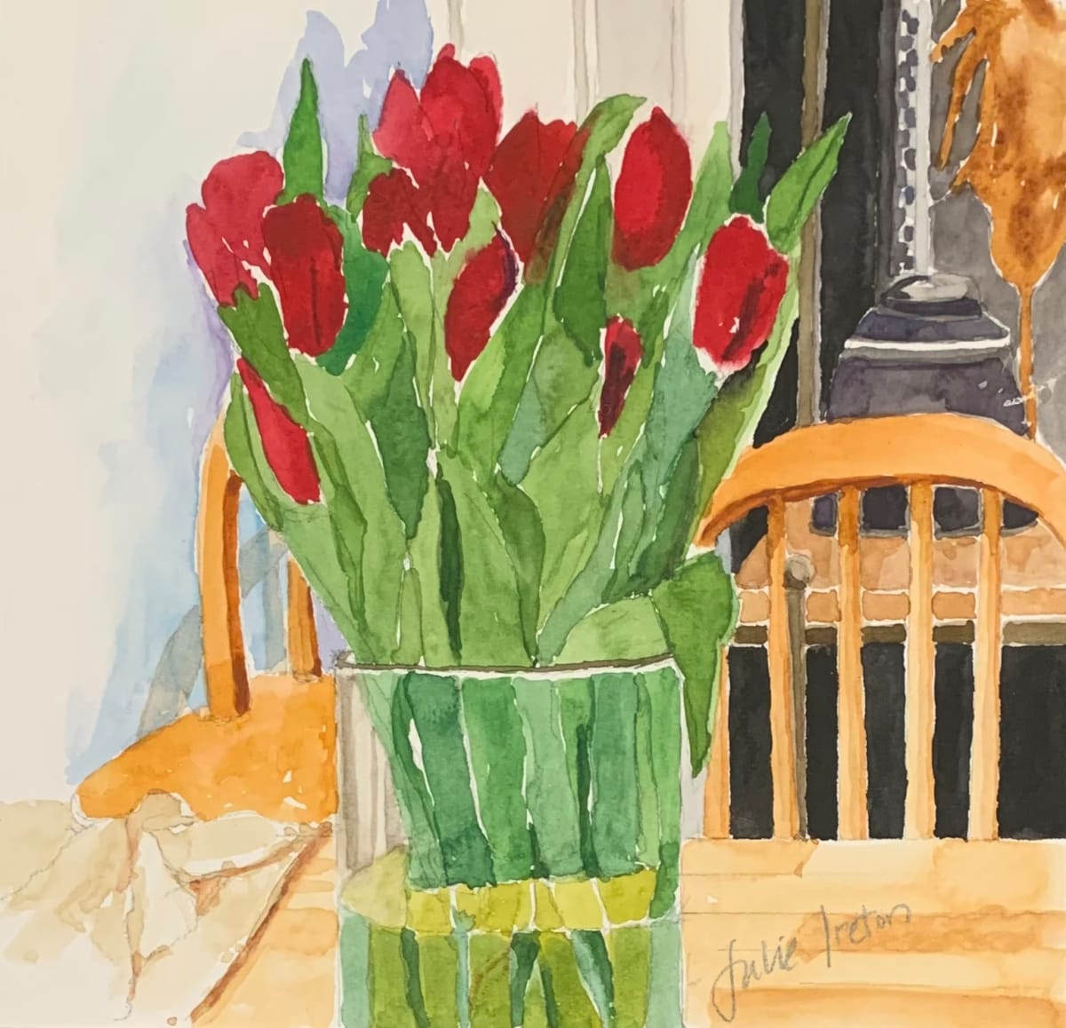 My Kitchen Table by Julie Ireton  Image: Red tulips on a winter evening.