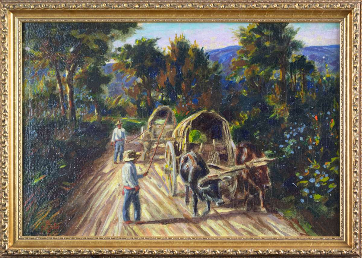 Men With Ox-Drawn Wagons On Rural Road by Jose Pinto 