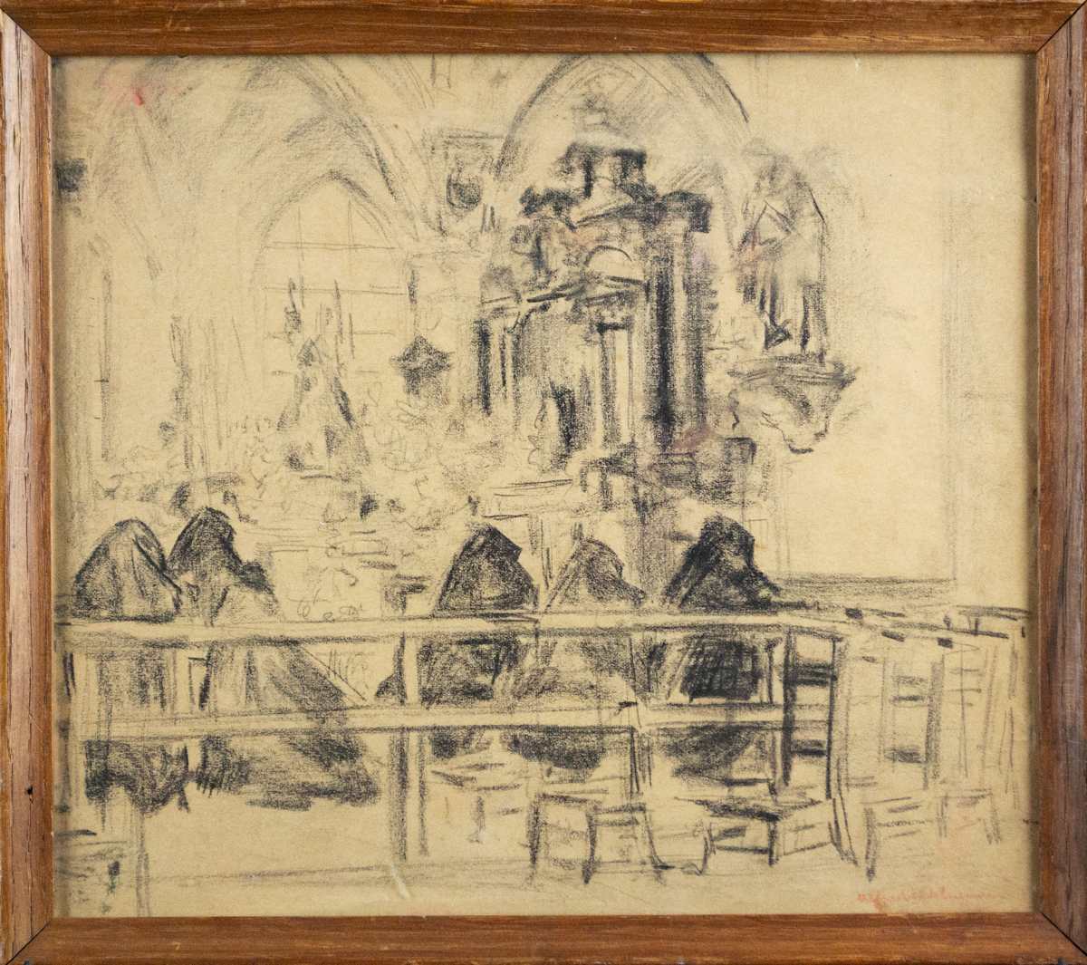 Church Interior With Women Praying by Alfred Napoleon Delaunois 