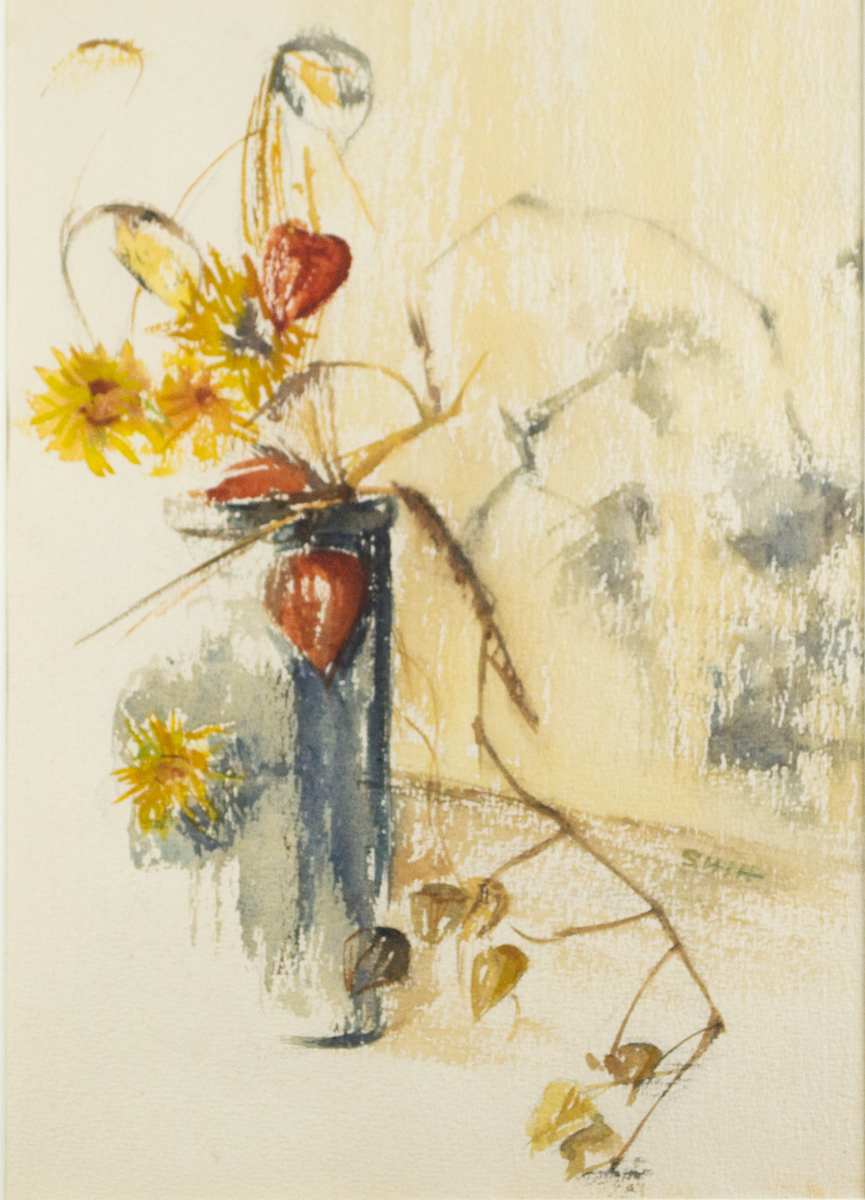 Untitled, Vase With Chinese Lanterns And Yellow Flowers by Joan Fai Shih 