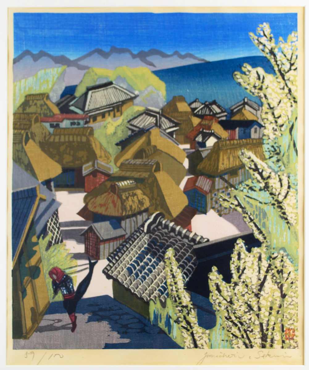 Japanese Village With Lone Figure by Jun'Ichiro Sekino 