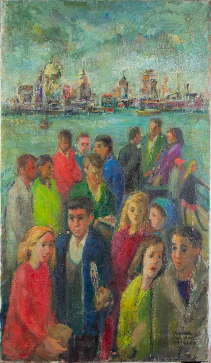 Untitled (Group Of Young People On A Boat With Cityscape In Distance) by Elizabeth Langsdorf Miller 
