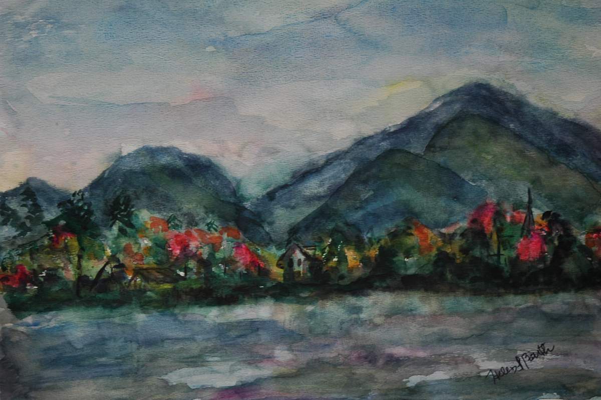 Town Along Coast With Mountains by Helen Barth 