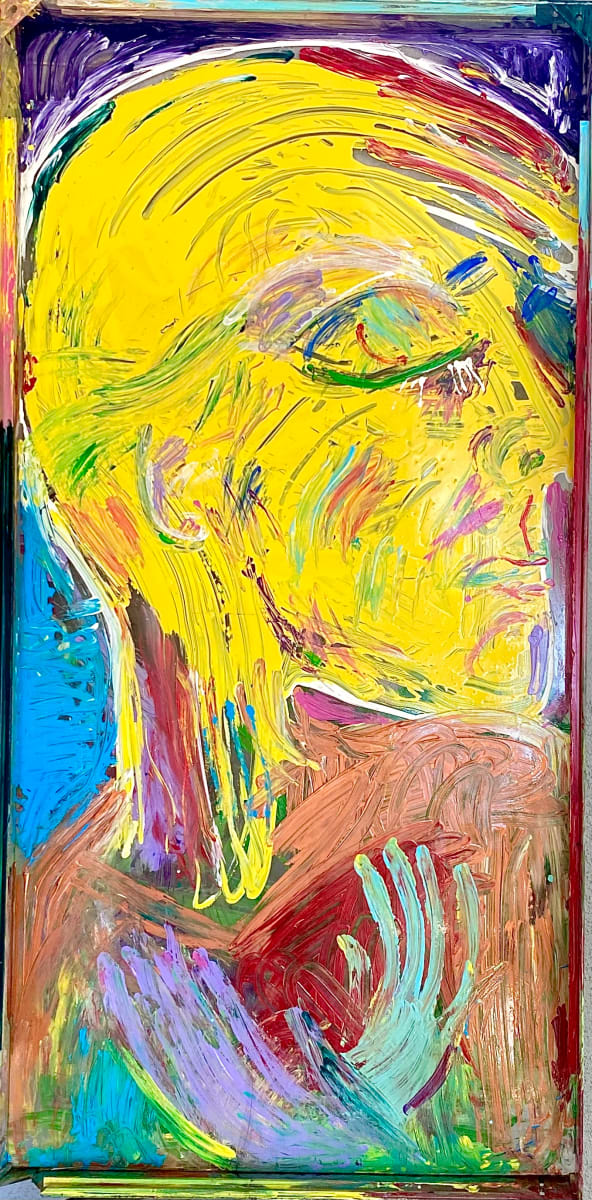 "Sad Goodbye"  Image: I finger painted this piece during the AIDS crisis which was relentlessly desecrating wonderful people all over the World. I was losing many friends! This is an emotional portrait of a man with whom I worked, in Dallas, and whom I watched waste away. This is an homage to him. This figure has his eyes closed and arms crossed as if in death.