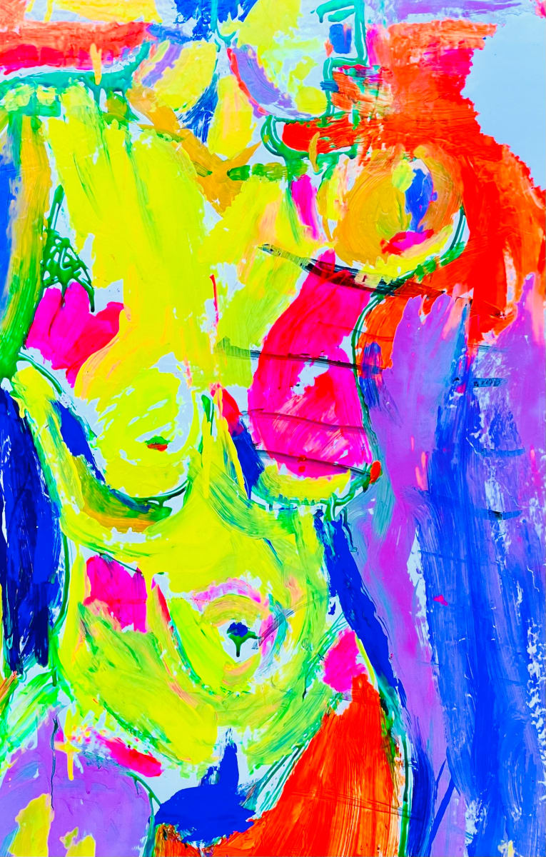 "Look Forward Angel"  Image: 

“I love how Karen is able to see a whole world made of her own ideas in different colors! Like how people are painted blue and the sky is orange! It’s magical!”

-Linda Salazar Buschelman 