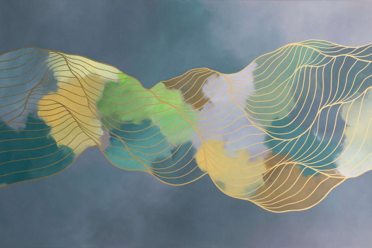 A Vision of Forever by Tracie Cheng  Image: Alt text long description: The painting features an abstract composition with fluid, wavy lines over a textured background. The background consists of blended colors, including shades of blue, green, yellow, and hints of brown, creating an impression of watercolor washes or clouds. Across the image, there are several gold, curved lines that create a sense of movement and flow, reminiscent of topographical contour lines or gentle waves. The gold lines contrast vividly with the softer, subdued tones of the background, adding a dynamic feel to the piece. Note: the alt text was written with support from the ASU Image Accessibility Creator AI tool. 