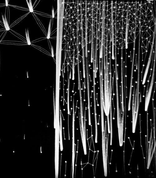 Node Showers 2 by Eva Lee  Image: Alt Text Long Description: A black and white abstract composition that merges geometric and organic elements. On the left side, a series of V-shaped lines intersect, creating a network-like structure with a star-like pattern. These lines are white against a dark background. On the right, an array of elongated, streaking forms cascades downward, resembling falling rain or cascading light beams. These white streaks are intertwined with small dots and short lines, adding complexity to the pattern. Near the top, an intricate web of thin lines connects, forming a grid-like overlay. Note: the alt text was written with support from the ASU Image Accessibility Creator AI tool.