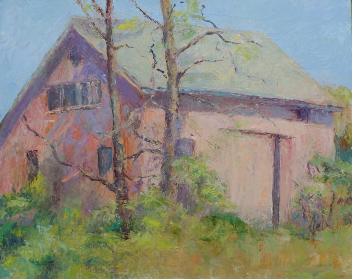 Barn Again by Joan Jardine  Image: Alt text long description: A painted scene of a rustic barn surrounded by nature. The barn has a triangular roof and is painted in soft hues of lavender and pink. Two windows are visible on the barn's side, with one partially obscured by the overgrown greenery. Several bare trees stand in front of the barn, their branches extending across the structure. The surrounding area is lush with green foliage and plants, suggesting a natural, overgrown landscape. The sky is a light blue, lending a serene backdrop to the painting. Note: the alt text was written with support from the ASU Image Accessibility Creator AI tool. 