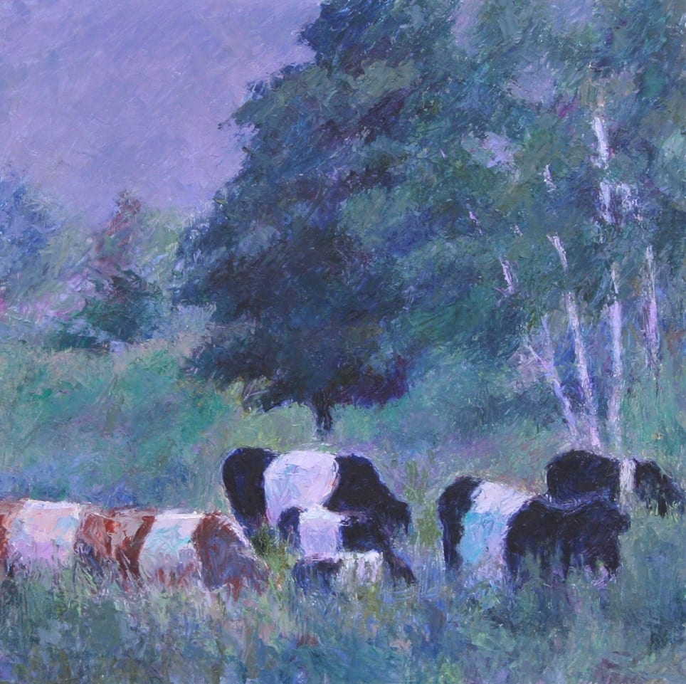 Belties by Joan Jardine  Image: Alt text long description: The painting depicts a serene pastoral scene featuring several cows grazing in a lush, green meadow. The cows, predominantly black and white, are depicted on the right side of the image. In the background, a cluster of tall trees with dense foliage dominates the scene, their leaves rendered in deep green and blue hues. The sky above has a soft palette of purples and blues, giving the painting a tranquil, almost dreamlike quality. The textured brushwork lends the scene a fluid and impressionistic feel, blending colors and forms harmoniously. Note: the alt text was written with support from the ASU Image Accessibility Creator AI tool. 