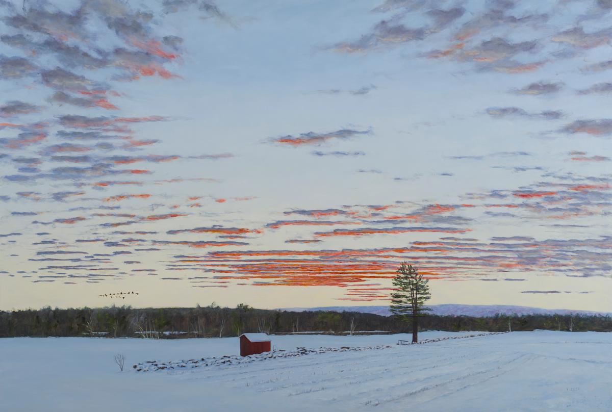 Cascading Stillness #2 by Victor Leger  Image: Alt text long description: A painting of a serene winter landscape at dawn or dusk, with a predominantly white snow-covered field in the foreground. A small, red-roofed structure is situated towards the lower right, accompanied by a lone tree with sparse branches. The sky dominates the upper half, filled with streaks of clouds colored in varying shades of blue, gray, and orange, suggesting the light from a rising or setting sun. A line of distant trees spans the horizon in dark silhouette. In the center left, a formation of birds flies across the sky. Note: the alt text was written with support from the ASU Image Accessibility Creator AI tool. 
