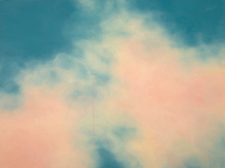 Not Here, Not There by Debra Losada  Image: Alt text long description: An abstract artwork with a blend of soft colors, primarily turquoise and pink. The colors are intermixed, creating a cloudy, ethereal effect over the entire canvas. The turquoise area dominates the top and left portion, while the pink occupies the bottom and right. A subtle, vertical red line is visible toward the left side of the image, intersecting the blended colors. The overall texture is smooth, with a gentle gradient effect, creating a sense of calm and fluidity. Note: the alt text was written with support from the ASU Image Accessibility Creator AI tool. 