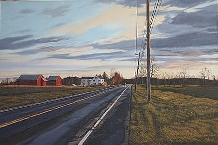 Driving Goshen Road by Merrill French  Image: Alt text long description: A painting of a rural landscape featuring a long, empty road extending into the distance. The road is flanked by fields and bordered by a grassy verge on the right. On the left side of the painting, there are red barn-like buildings and some white structures that appear to be houses. The sky is expansive, filled with scattered clouds and painted with hues of blue, grey, orange, and pink, suggesting either sunrise or sunset. Several utility poles stand alongside the road on the right, casting long shadows on the grass. 
Note: the alt text was written with support from the ASU Image Accessibility Creator AI tool. 
