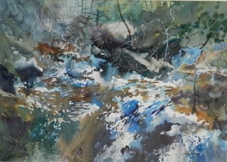 Enders by Carla Niehaus  Image: Alt text long description: A watercolor painting depicting a vibrant natural scene of a flowing river in a forest setting. The composition features a range of colors including blues, browns, greens, and whites, capturing the dynamic movement of water cascading over rocks. The river occupies the center of the painting, with swirls of blue and white suggesting the rush and foam of the water. Darker tones suggest the presence of rocks and shadowed areas, while greens and browns depict the surrounding forest and trees. The upper part of the painting shows the forest canopy with hints of branches and leaves, adding a sense of depth and enclosure to the scene. Note: the alt text was written with support from the ASU Image Accessibility Creator AI tool. 