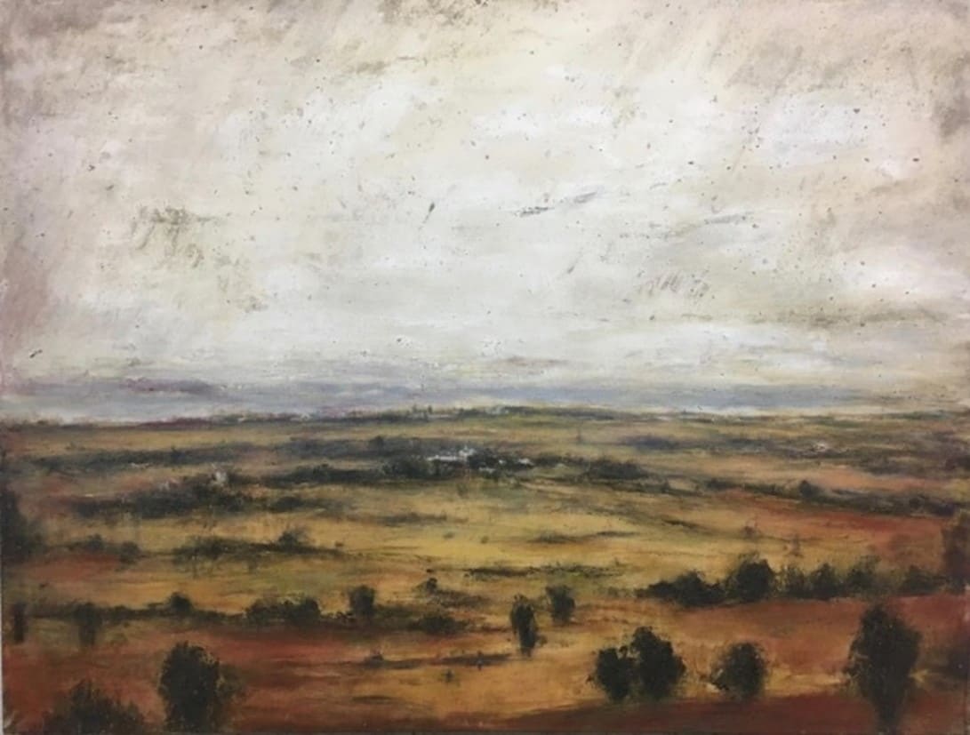 Fields of our Ancestors by Donald Bracken  Image: Alt text long description: A landscape painting depicting an expansive, flat terrain extending into the horizon. The foreground showcases a mix of brown and green hues, suggesting fields or plains with scattered patches of vegetation or trees, appearing as dark silhouettes. The middle ground continues with this earthy palette, transitioning into a hazier, softer blend in the distance. The sky occupies a significant portion of the image, painted in muted tones of white and grey, with subtle brush strokes suggesting clouds and a slightly overcast atmosphere. The overall texture is rough, with visible brushwork contributing to a sense of movement and depth. Note: the alt text was written with support from the ASU Image Accessibility Creator AI tool. 