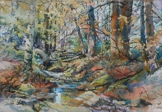 Forest Stream by Carla Niehaus  Image: Alt text long description: A watercolor painting depicting a serene forest scene. A small stream meanders through the center, reflecting the surrounding environment. On either side of the stream, varied shades of green, brown, and yellow illustrate dense foliage and trees, capturing an autumnal atmosphere. Tall trees with slender trunks stand upright, their branches extending gracefully. The forest floor is covered with fallen leaves and patches of moss. The sunlight filters through the trees, casting gentle shadows and creating a dappled light effect on the stream and forest floor. Note: the alt text was written with support from the ASU Image Accessibility Creator AI tool. 