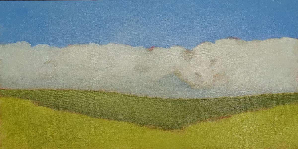 rolling meadow by Suzan Scott  Image: Alt text long description: The painting is a landscape with a clear, blue sky occupying the upper portion. Below the sky is a broad stretch of fluffy, white clouds extending horizontally across the scene. Underneath the clouds, green rolling hills are visible, occupying the lower third of the image. The hills have a smooth gradient, transitioning from darker green at the top to lighter green at the bottom, suggesting distant vegetation. Note: the alt text was written with support from the ASU Image Accessibility Creator AI tool. 