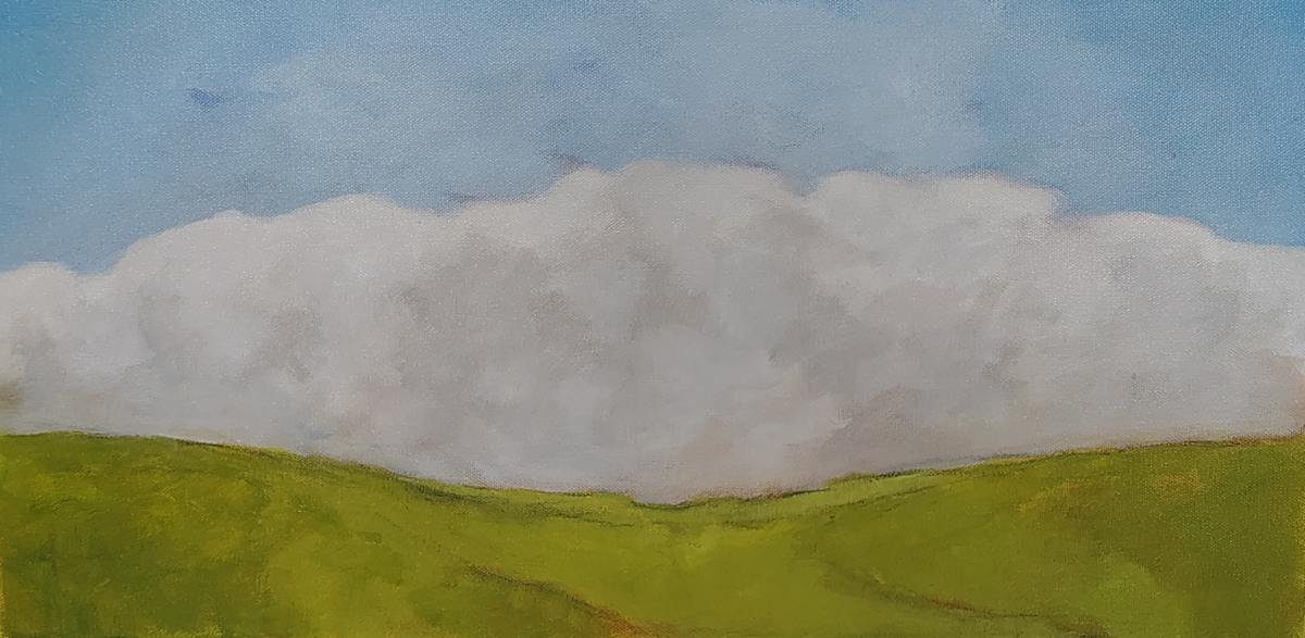 rolling meadow v2 by Suzan Scott  Image: Alt text image description: The painting depicts a simple landscape painting featuring a blend of natural elements. In the foreground, there is a gently rolling green hill that stretches across the width of the image. The hill is unevenly painted with varying shades of green, creating a textured appearance. Above the hill, a band of thick, fluffy white clouds spans the middle section of the image, appearing soft and voluminous. The background consists of a clear blue sky that occupies the top portion of the image, providing a serene and calm backdrop to the scene. Note: the alt text was written with support from the ASU Image Accessibility Creator AI tool. 