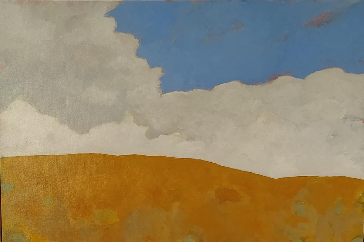 golden hill (autumn) by Suzan Scott  Image: Alt text long description: The painting depicts a serene landscape composed primarily of a blue sky and large, fluffy cumulus clouds occupying most of the upper section. Below the clouds, a rolling hill stretches across the image. The hill is depicted in soft, earthy tones of brown and ochre, with subtle variations suggesting texture and gentle slopes. The bright blue of the sky contrasts with the warm tones of the hill. The painting uses broad, soft brushstrokes to convey a sense of tranquility and open space. Note: the alt text was written with support from the ASU Image Accessibility Creator AI tool. 