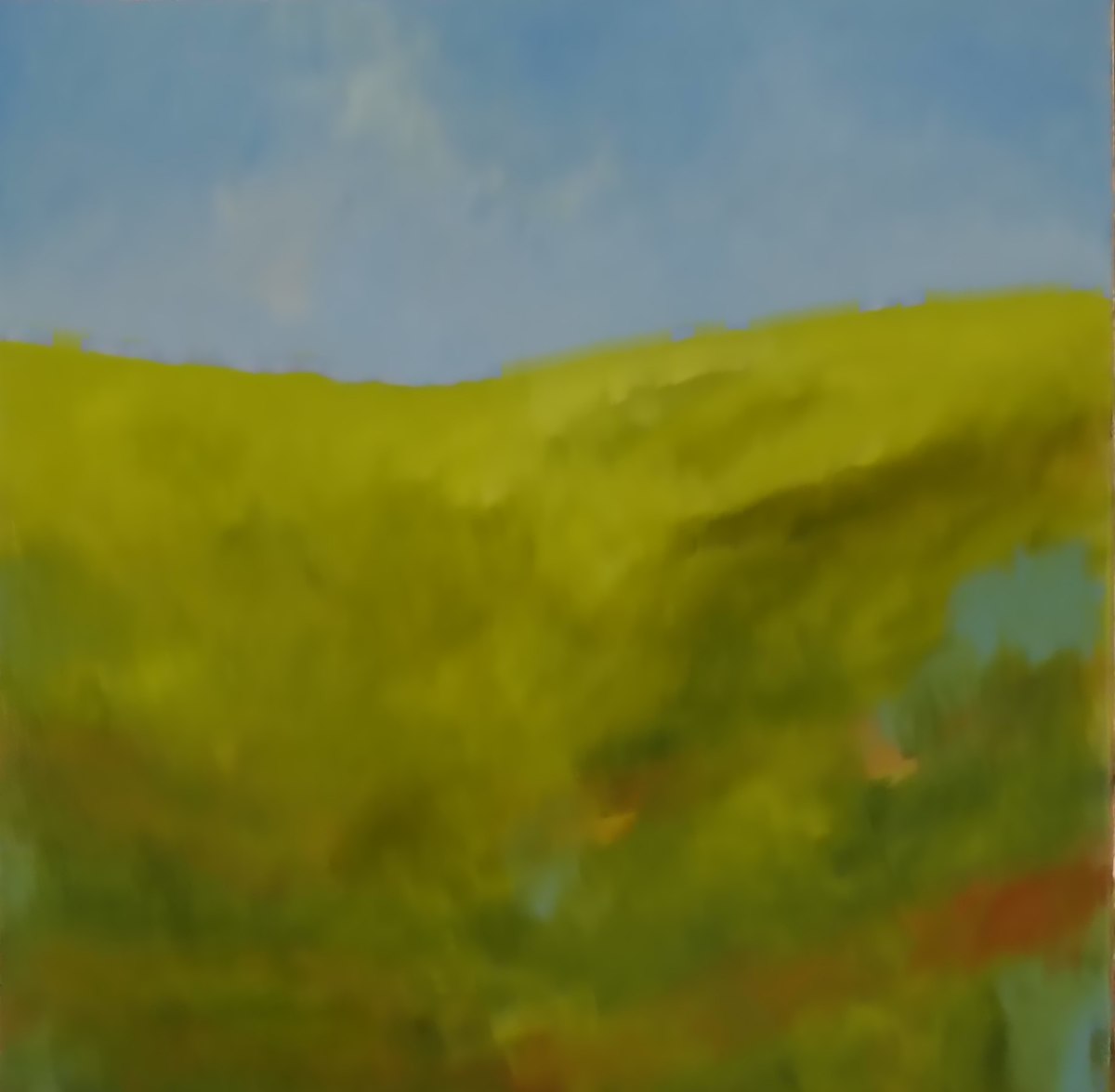 summerfields late july by Suzan Scott  Image: Alt text long description: An abstract landscape painting with a primary focus on color and texture. The scene features a vast expanse of grassy fields painted in various shades of green, creating a sense of depth and movement. The fields extend to the horizon, blending seamlessly into a clear blue sky. The sky occupies the upper third of the painting, depicting a serene atmosphere. The use of broad, sweeping brush strokes adds texture and dynamism to the composition. Note: the alt text was written with support from the ASU Image Accessibility Creator AI tool. 