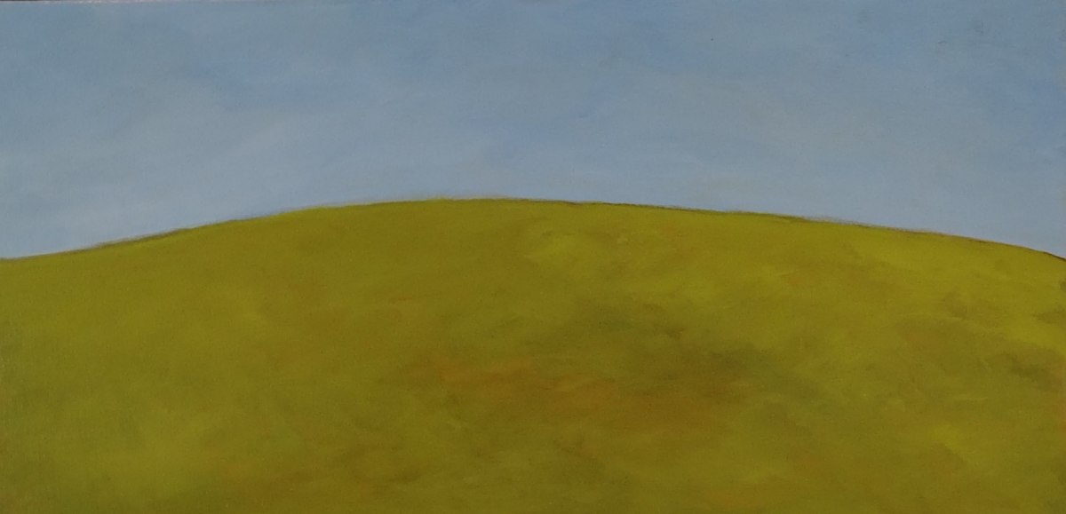 summerhill by Suzan Scott  Image: Alt text long description: A painting depicting a simple landscape featuring a grassy hill under a clear blue sky. The hill occupies the lower two-thirds of the image and is painted in blended shades of green with soft, undefined edges, creating a smooth, seamless appearance against the horizon. Above, the sky is a uniform light blue, adding a tranquil, open space feel to the composition. The overall tone is calm and minimalistic, with no other elements present in the scene. Note: the alt text was written with support from the ASU Image Accessibility Creator AI tool. 