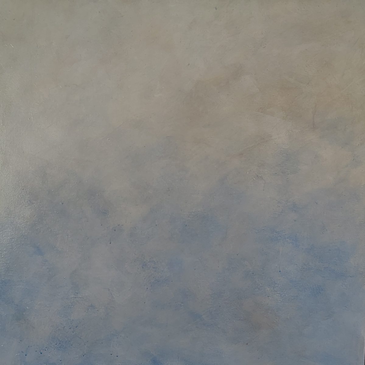 serenity by Suzan Scott  Image: An abstract painting consisting of a blend of soft colors, primarily shades of blue, gray, and beige. The upper section transitions from light gray to beige, while the lower portion features gradations of blue, giving a sense of depth and texture. The overall surface is subtly textured with a cloudy appearance, lacking any distinct shapes or lines. Note: the alt text was written with support from the ASU Image Accessibility Creator AI tool. 