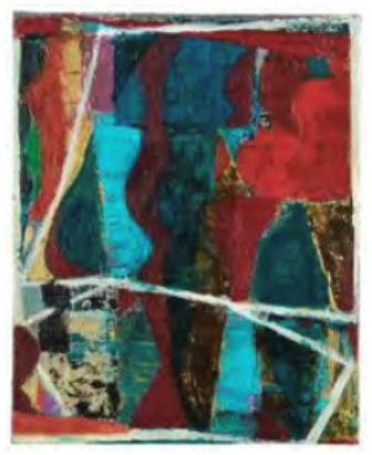 Journey by Peter Ramon  Image: Alt text long description: The abstract painting characterized by a collage of vibrant colors and geometric shapes. It features irregular patches of vivid hues, including bright red, deep blue, turquoise, and sections of black and white. The composition appears fragmented yet cohesive, with angular shapes interlocking and overlapping. White lines crisscross the image, adding a sense of division and movement. The painting's texture suggests layers of paint or mixed media, visible in the way colors blend at the edges of the shapes. Note: the alt text was written with support from the ASU Image Accessibility Creator AI tool. 