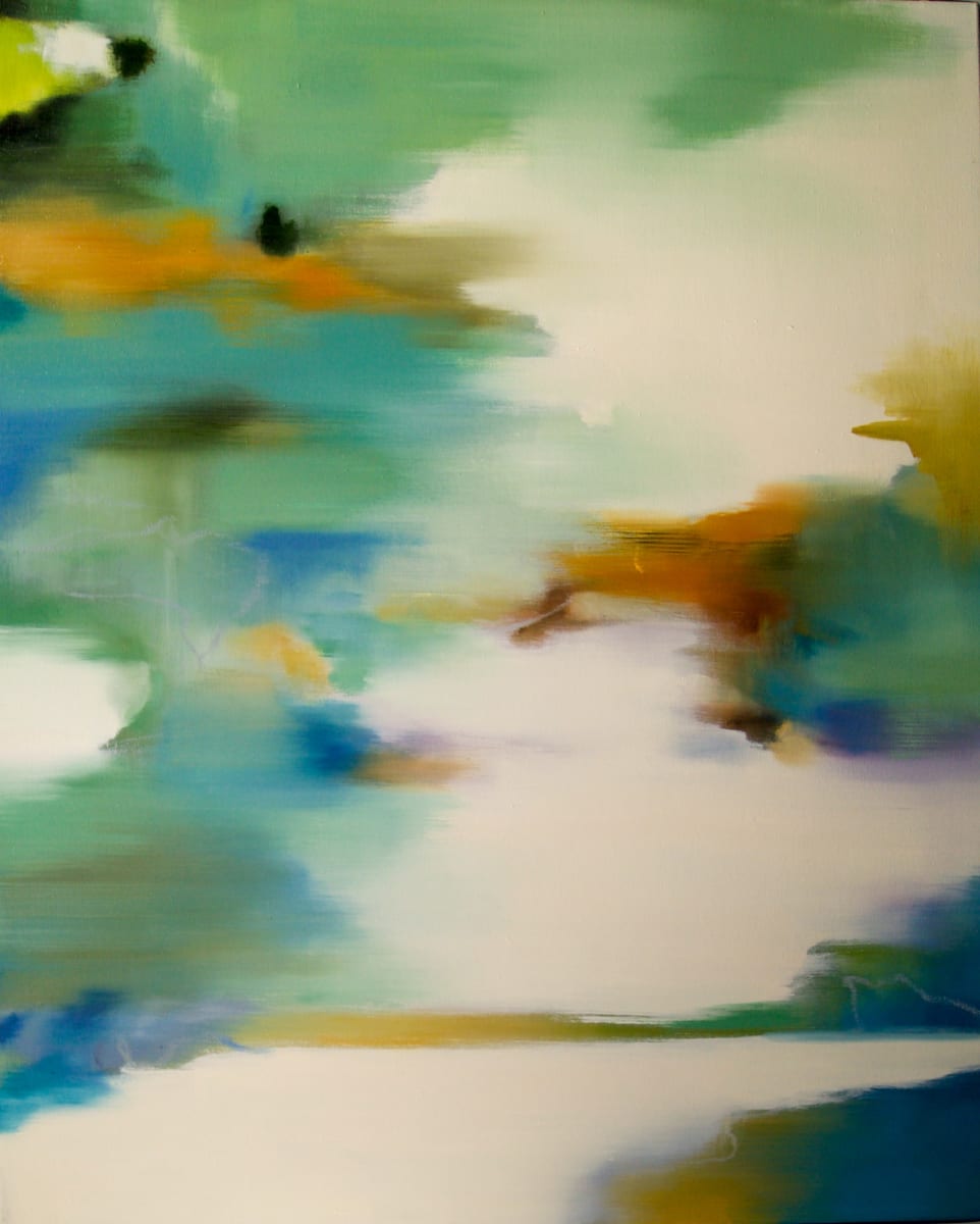 Meditation Series Flow V by Elizabeth Dexheimer  Image: Alt text long description: Abstract painting featuring a blend of soft, overlapping colors. Predominantly, shades of teal, green, and orange flow across the canvas, creating a sense of movement. The colors are mixed with areas of white to produce a cloudy, dream-like effect. The composition includes smooth transitions between colors, where the teal and green dominate the upper left corner, interspersed with small patches of orange. Toward the right, the colors become a mix of orange and brown with hints of blue. The painting’s texture is smooth, and there are no distinct shapes or forms, focusing instead on color and flow. Note: the alt text was written with support from the ASU Image Accessibility Creator AI tool. 